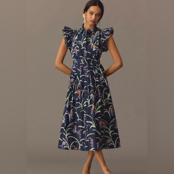 Anthropologie Dresses & Skirts - Anthropologie Maeve Floral Ruffled Belted High Collared Shirt Midi Dress